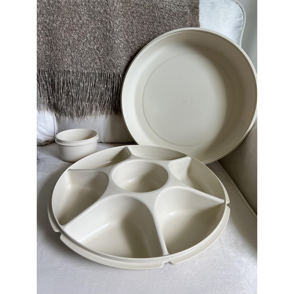 Vintage Tupperware Round Divided Serving Tray Jeal Ette 3 Piece Dip Bowl Almond